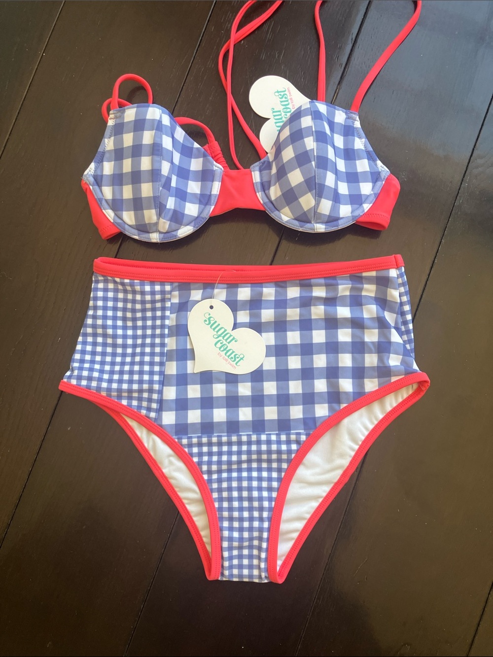 SUGAR COAST by Lolli Swim 2-Piece High Waist Blue Gingham Plaid Size S/M NWT